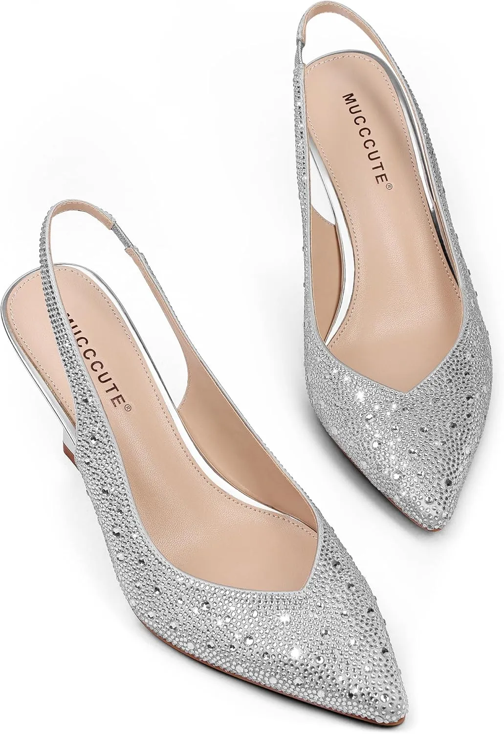 MUCCCUTE Kitten Heels for Women Slingback Heels Pointed Toe Pumps Rhinestones Pearls Stiletto Sparkly Bridal Sandals for Wedding Prom Dating