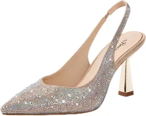 MUCCCUTE Kitten Heels for Women Slingback Heels Pointed Toe Pumps Rhinestones Pearls Stiletto Sparkly Bridal Sandals for Wedding Prom Dating