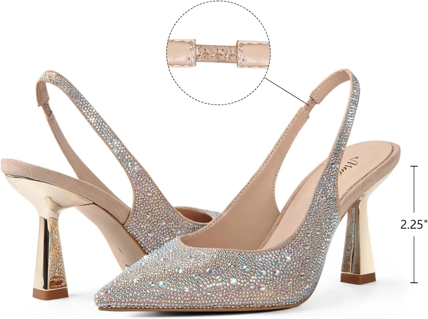 MUCCCUTE Kitten Heels for Women Slingback Heels Pointed Toe Pumps Rhinestones Pearls Stiletto Sparkly Bridal Sandals for Wedding Prom Dating