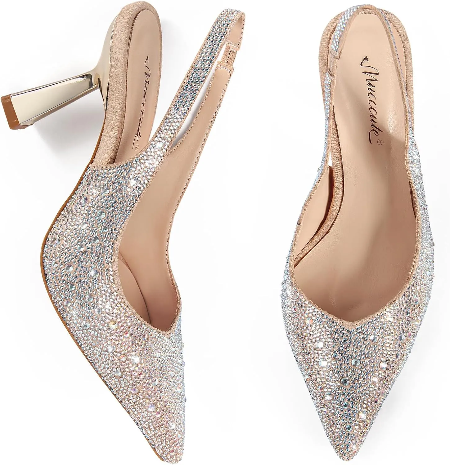 MUCCCUTE Kitten Heels for Women Slingback Heels Pointed Toe Pumps Rhinestones Pearls Stiletto Sparkly Bridal Sandals for Wedding Prom Dating