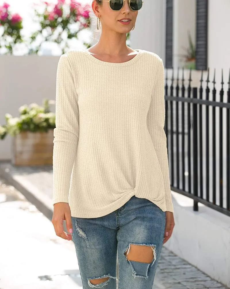 Neineiwu Womens Casual Tops Long Sleeve Cute Twist Knot Waffle Knit Shirts Loose Blouse