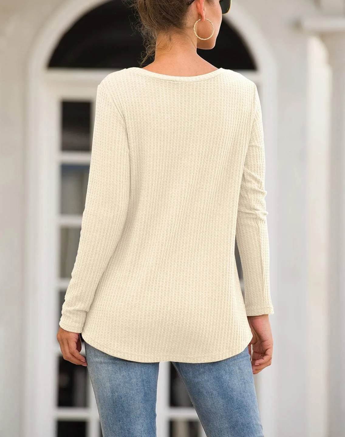 Neineiwu Womens Casual Tops Long Sleeve Cute Twist Knot Waffle Knit Shirts Loose Blouse