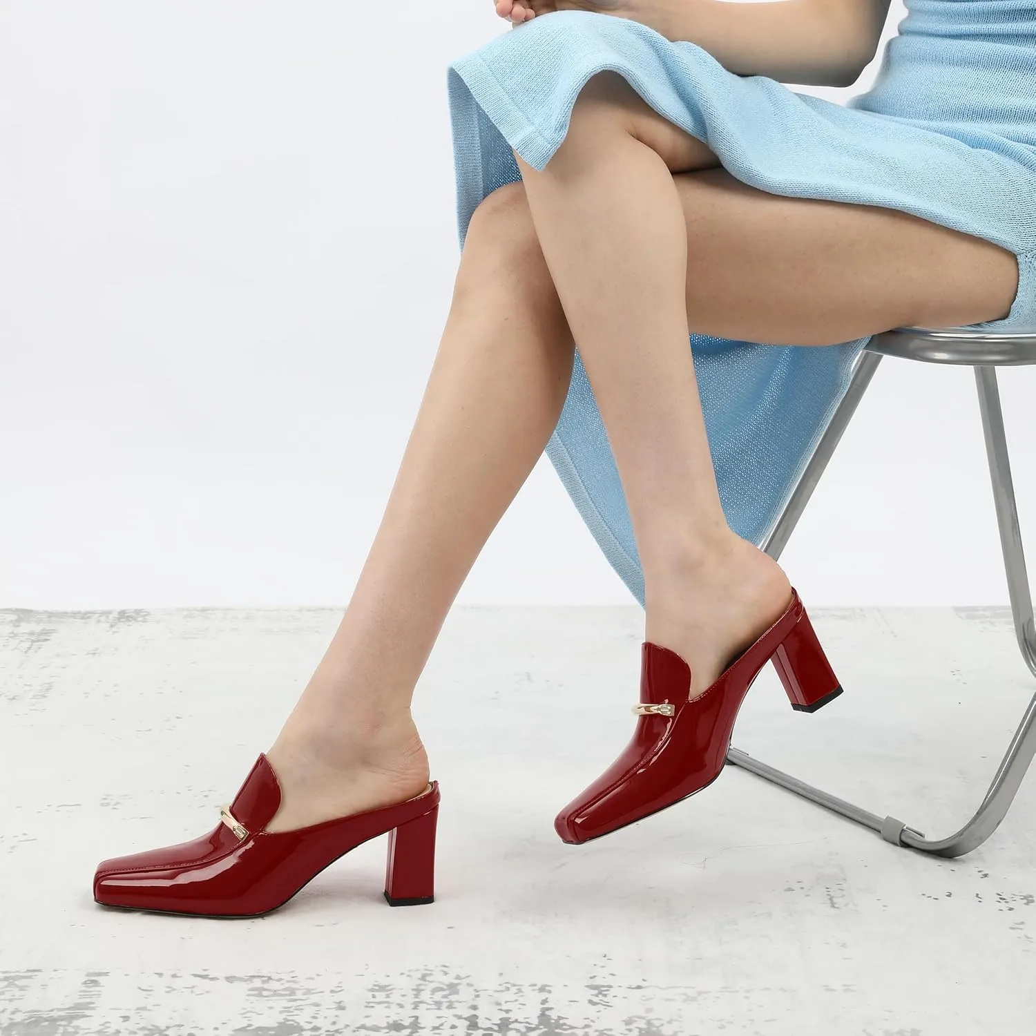 NUMALEO Womens Mules Chunky Block Heel Loafers Slip On Heeled Mules Closed Square Toe Heels Mules for Women Comfortable Dressy Backless Loafers Shoes for Office Work Casual