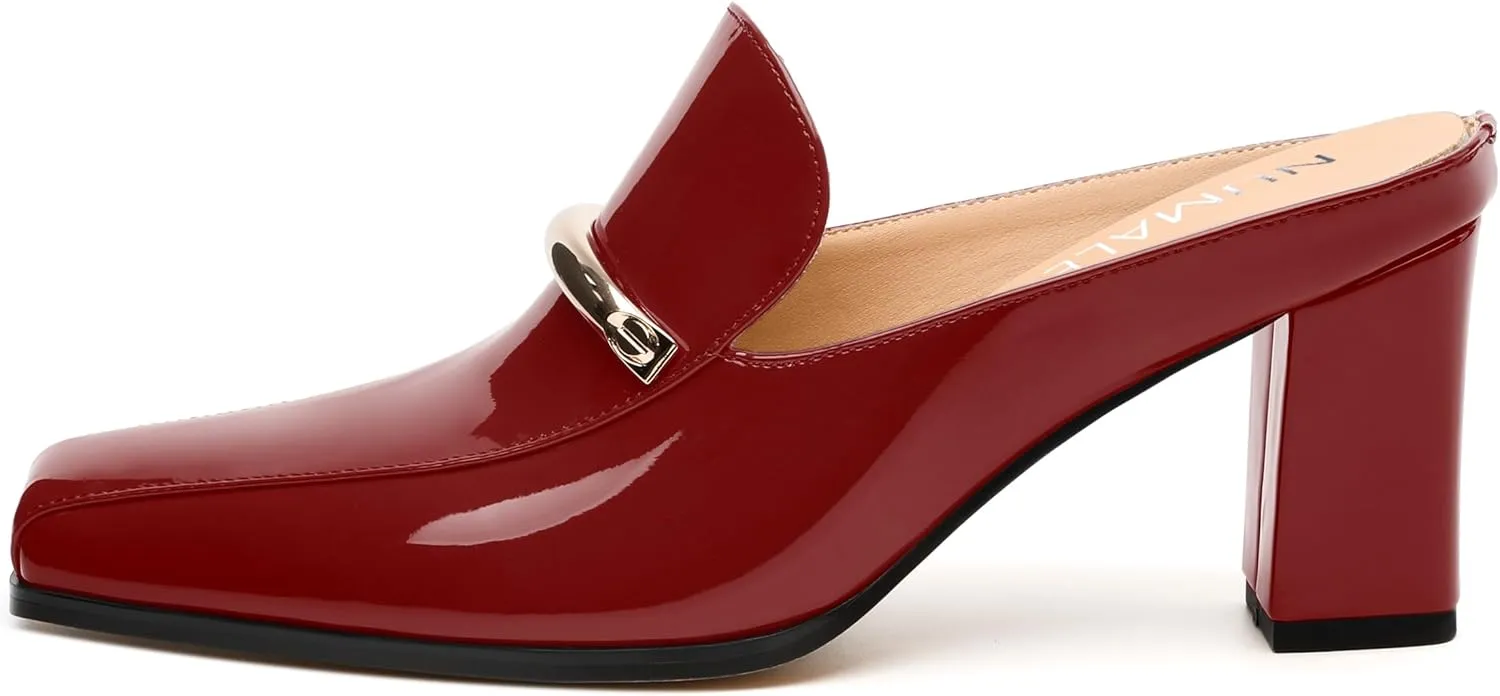 NUMALEO Womens Mules Chunky Block Heel Loafers Slip On Heeled Mules Closed Square Toe Heels Mules for Women Comfortable Dressy Backless Loafers Shoes for Office Work Casual