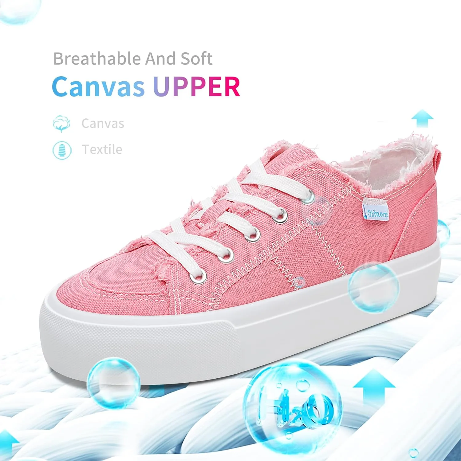 Obtaom Women Platform Canvas Sneakers White Comfort Play Fashion Sneakers Casual Lift Platform Lace Up Shoes Cute Low Top Walking Shoes for Lady