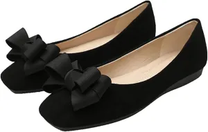 Optigard Women's Suede Square Toe Bow Ballet Flats Comfortable Casual Flat Loafers Lightweight Slip On Dress Shoes