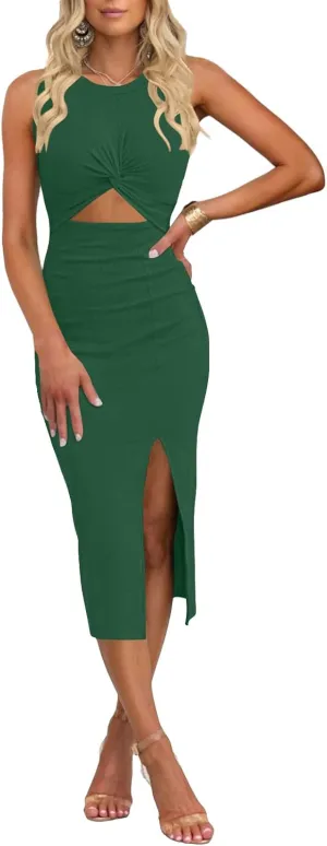 oten Women's Casual Sleeveless Cutout Twist Front Side Slit Ribbed Knit Party Bodycon Midi Dresses