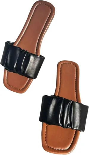 OYOANGLE Women's PU Leather Square Toe Sandals Ruched Single Band Slip on Casual Flat Sandals