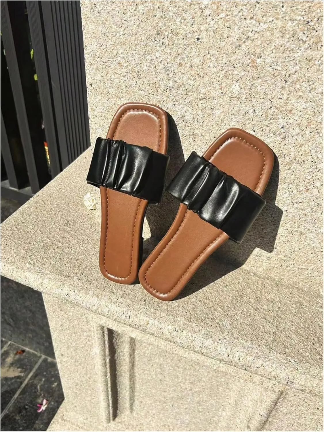 OYOANGLE Women's PU Leather Square Toe Sandals Ruched Single Band Slip on Casual Flat Sandals