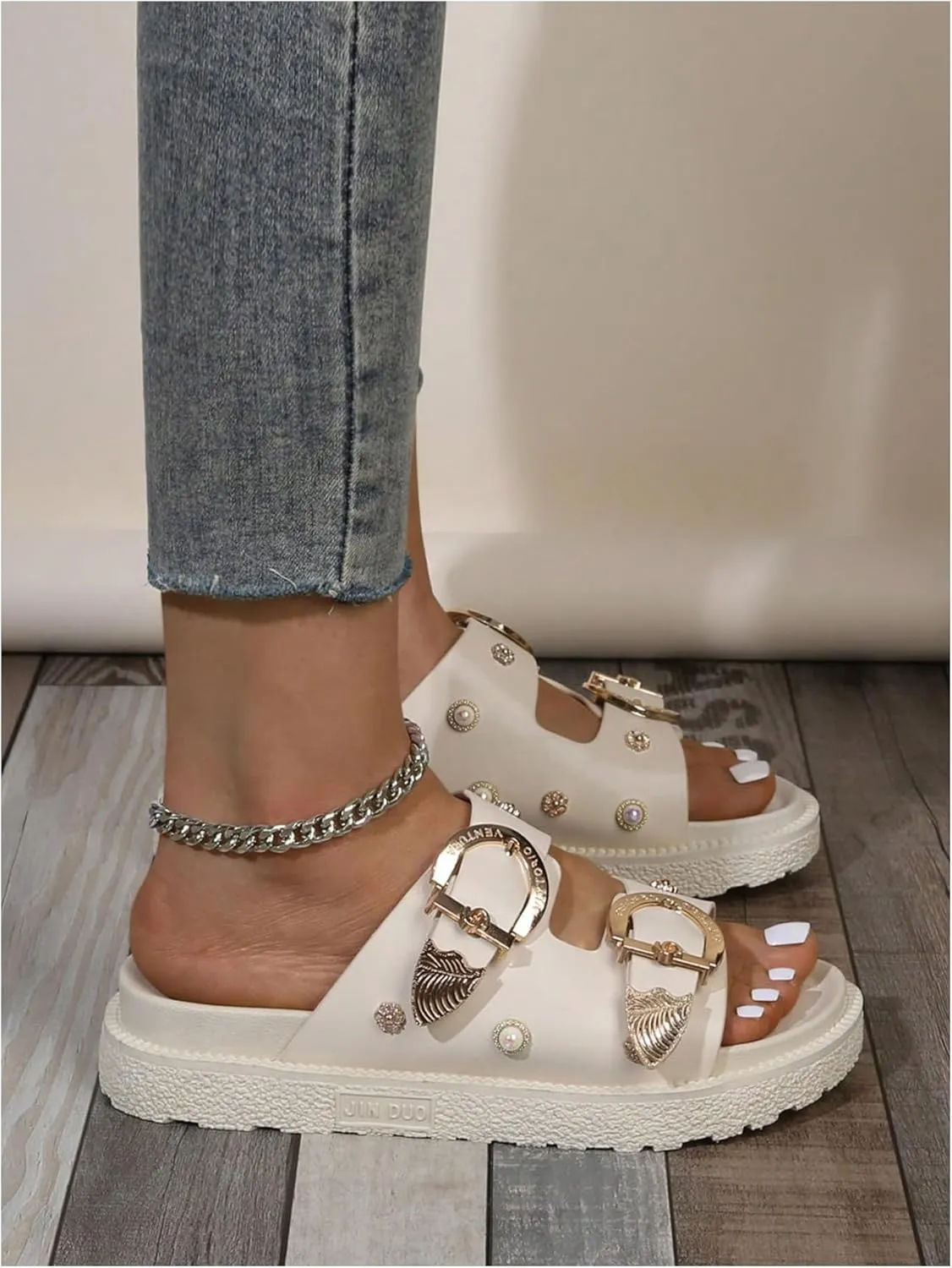 OYOANGLE Women's Studded Double Buckle Strap Footbed Sandals Fashion Platform Slip on Slides Sandals