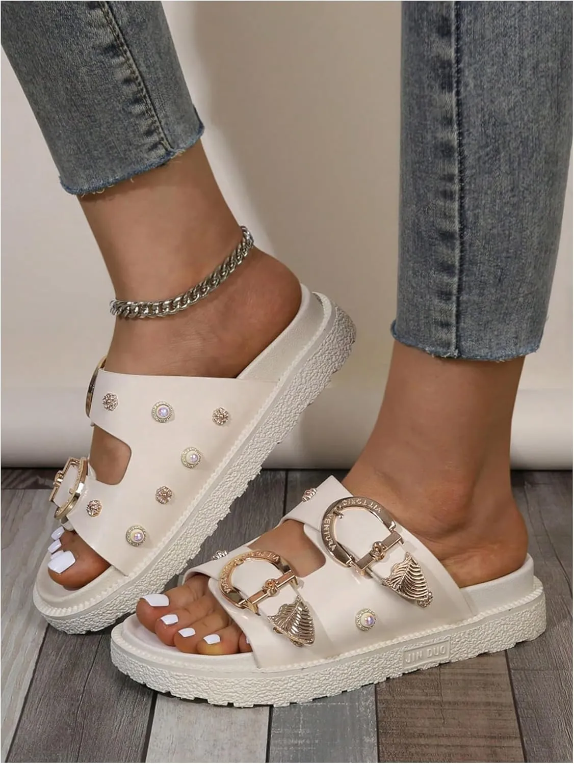 OYOANGLE Women's Studded Double Buckle Strap Footbed Sandals Fashion Platform Slip on Slides Sandals