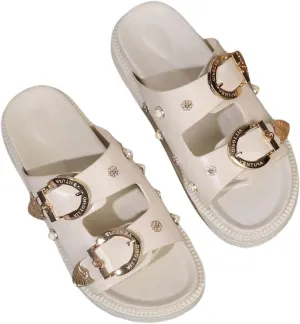 OYOANGLE Women's Studded Double Buckle Strap Footbed Sandals Fashion Platform Slip on Slides Sandals