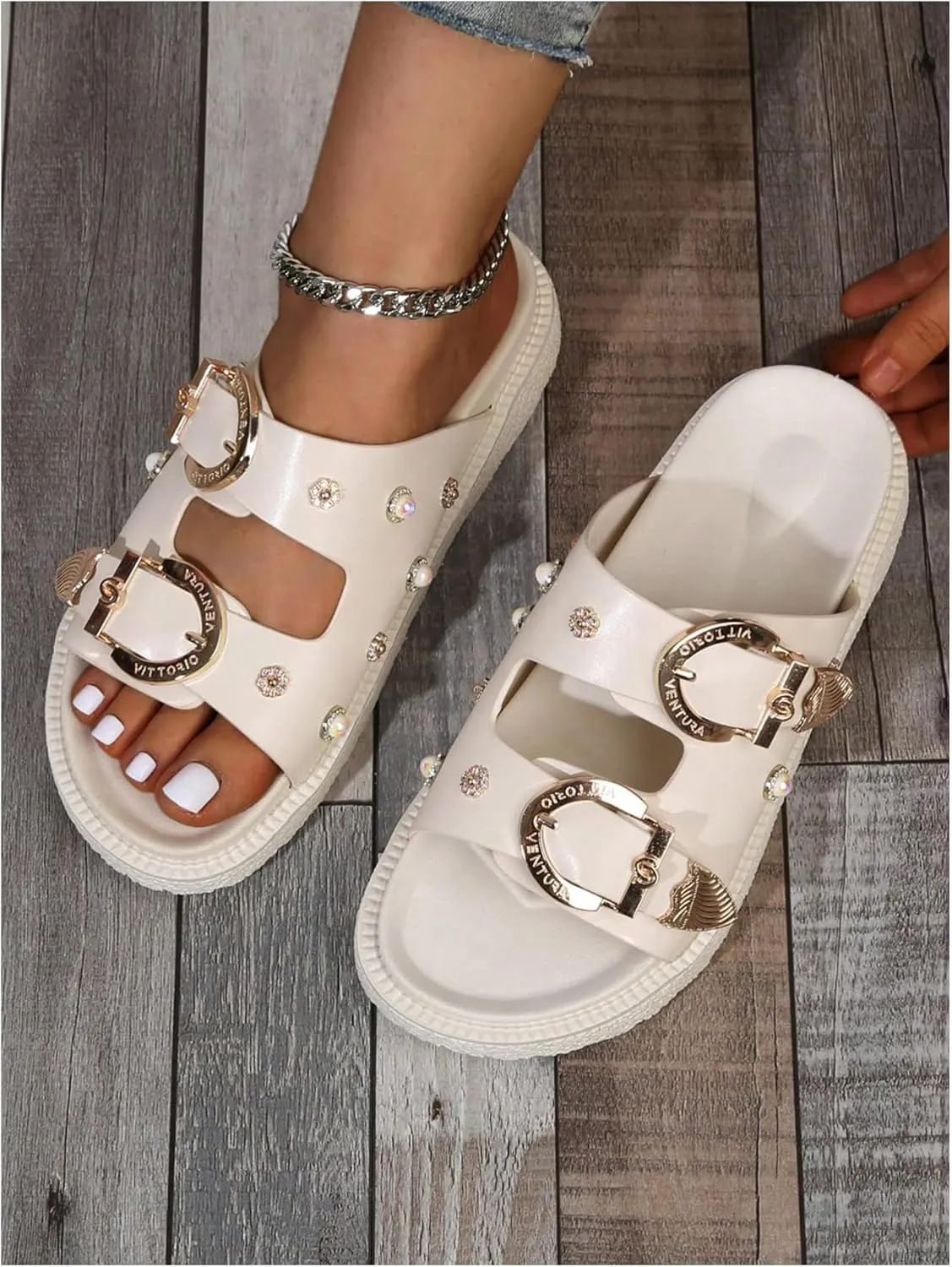 OYOANGLE Women's Studded Double Buckle Strap Footbed Sandals Fashion Platform Slip on Slides Sandals