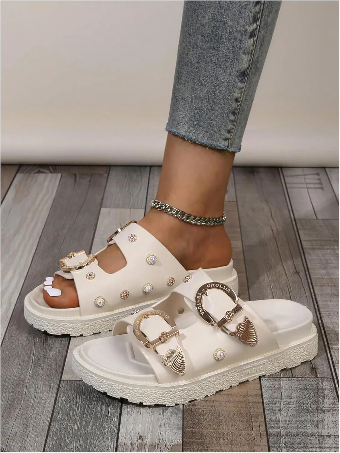 OYOANGLE Women's Studded Double Buckle Strap Footbed Sandals Fashion Platform Slip on Slides Sandals