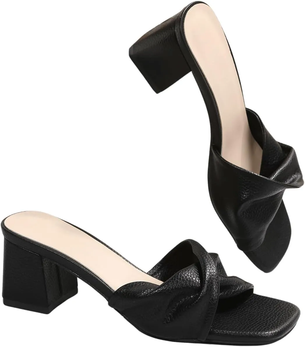 OYOANGLE Women's Twist Front Chunky Heeled Sandals Square Toe Mid Block Heeled Slide Shoes