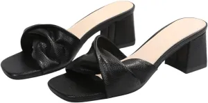 OYOANGLE Women's Twist Front Chunky Heeled Sandals Square Toe Mid Block Heeled Slide Shoes