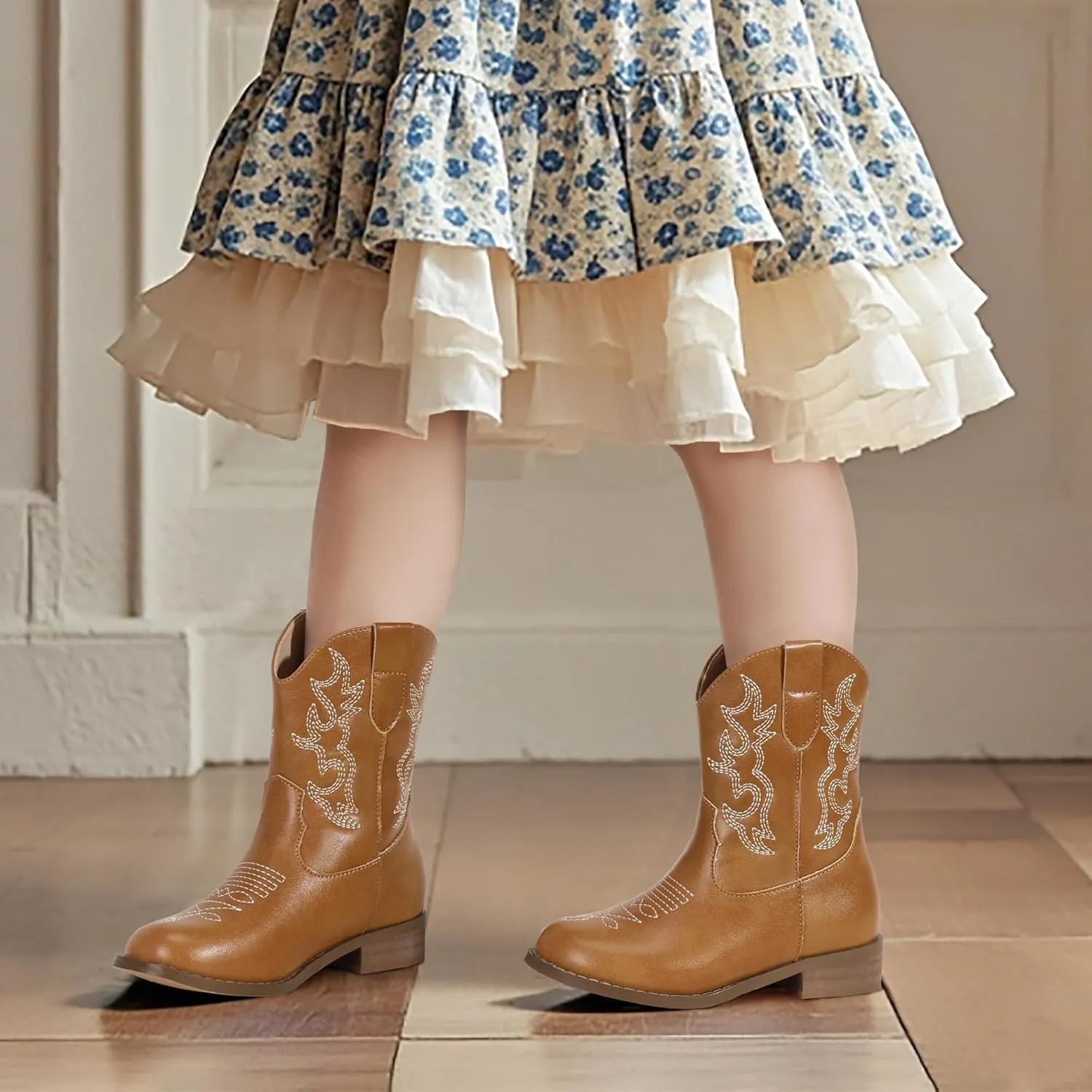 PANDANINJIA Girls Toddler Cowgirl Boots Riding Round Toe Western Blue Calf High 12 Months