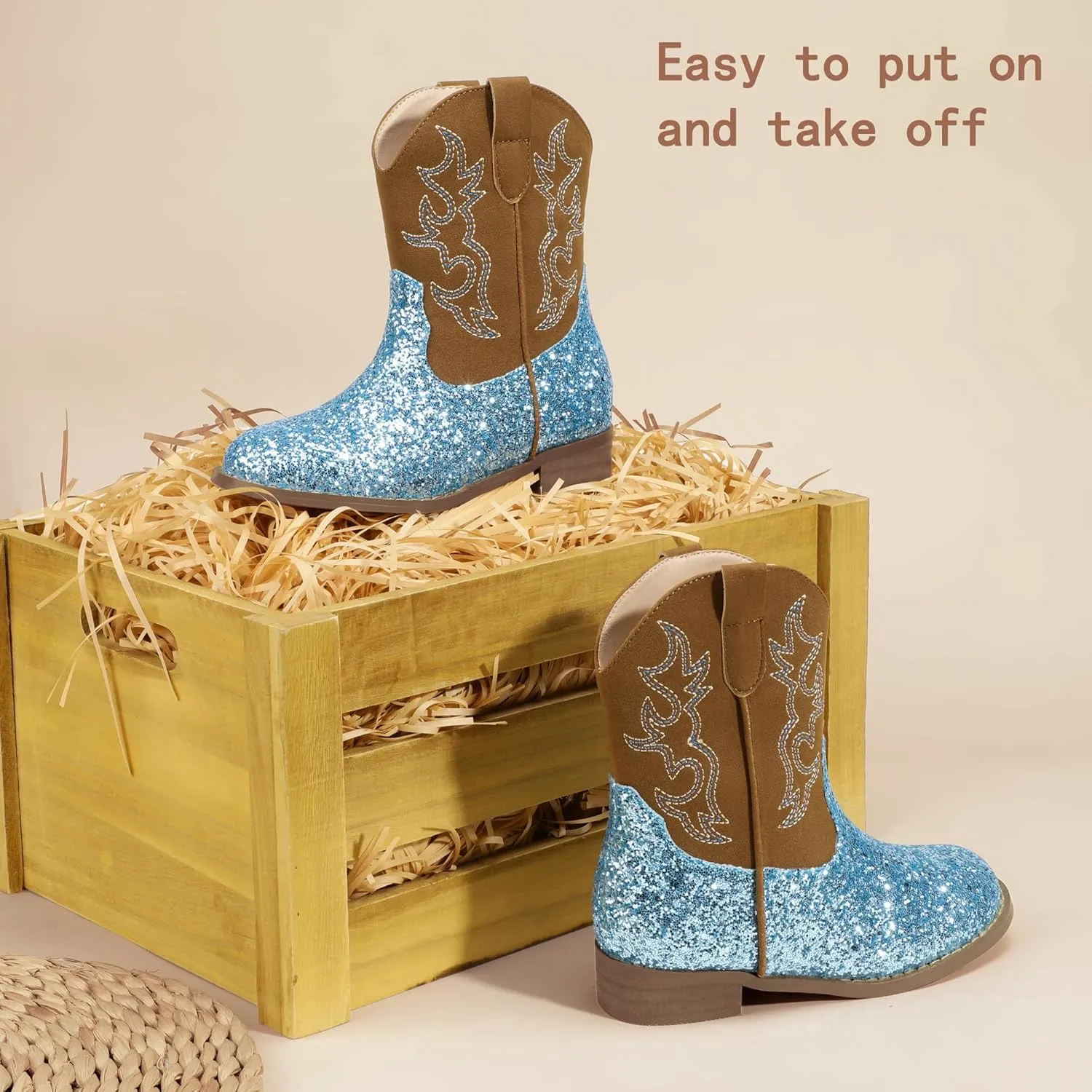 PANDANINJIA Girls Toddler Cowgirl Boots Riding Round Toe Western Blue Calf High 12 Months