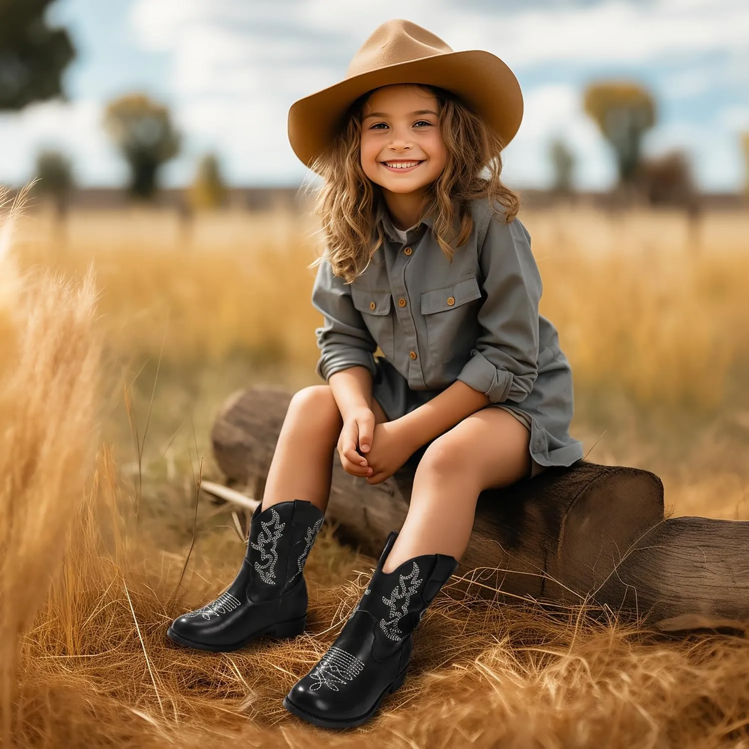 PANDANINJIA Girls Toddler Cowgirl Boots Riding Round Toe Western Blue Calf High 12 Months