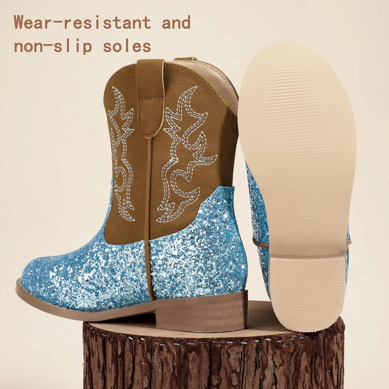 PANDANINJIA Girls Toddler Cowgirl Boots Riding Round Toe Western Blue Calf High 12 Months
