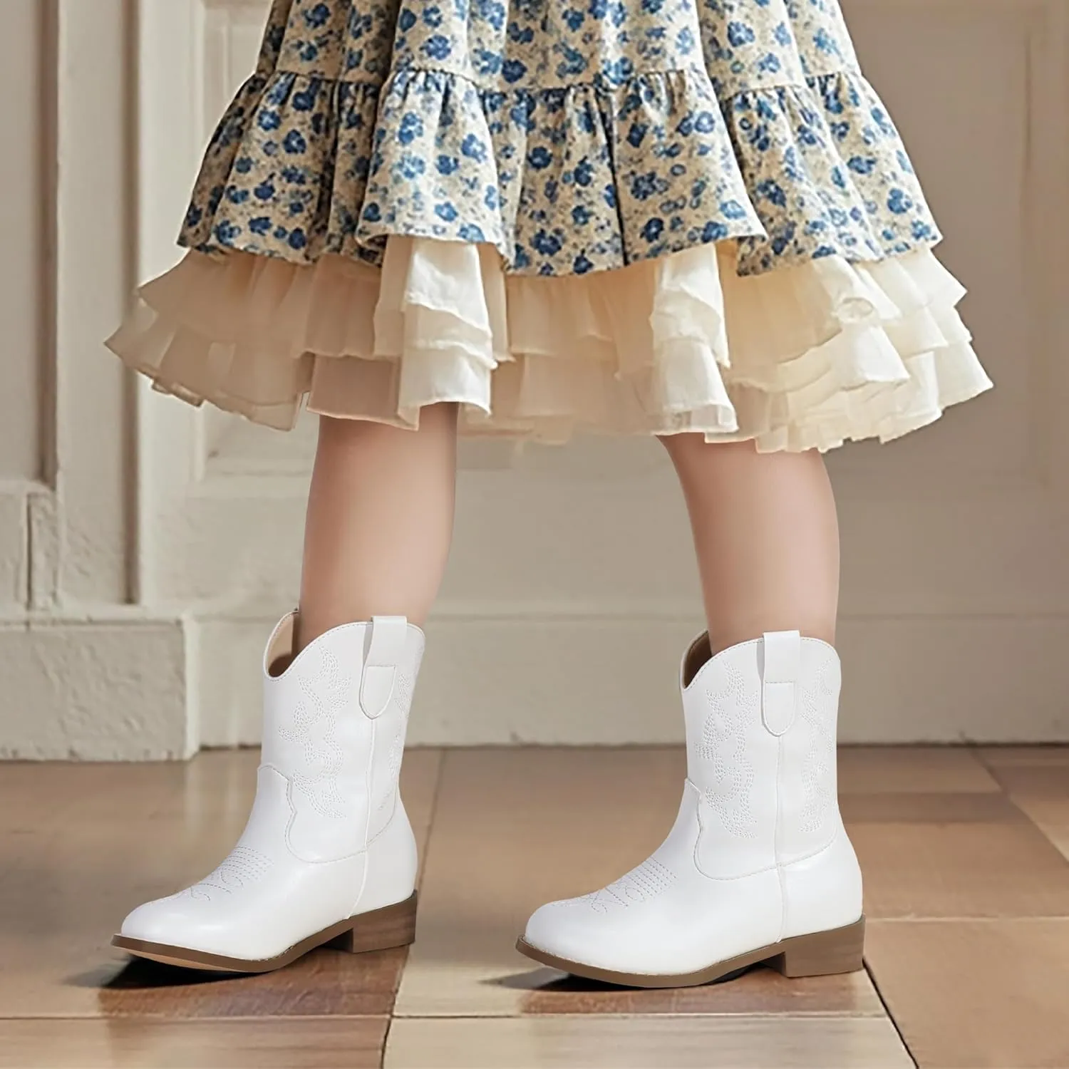 PANDANINJIA Girls Toddler Cowgirl Boots Riding Round Toe Western Blue Calf High 12 Months