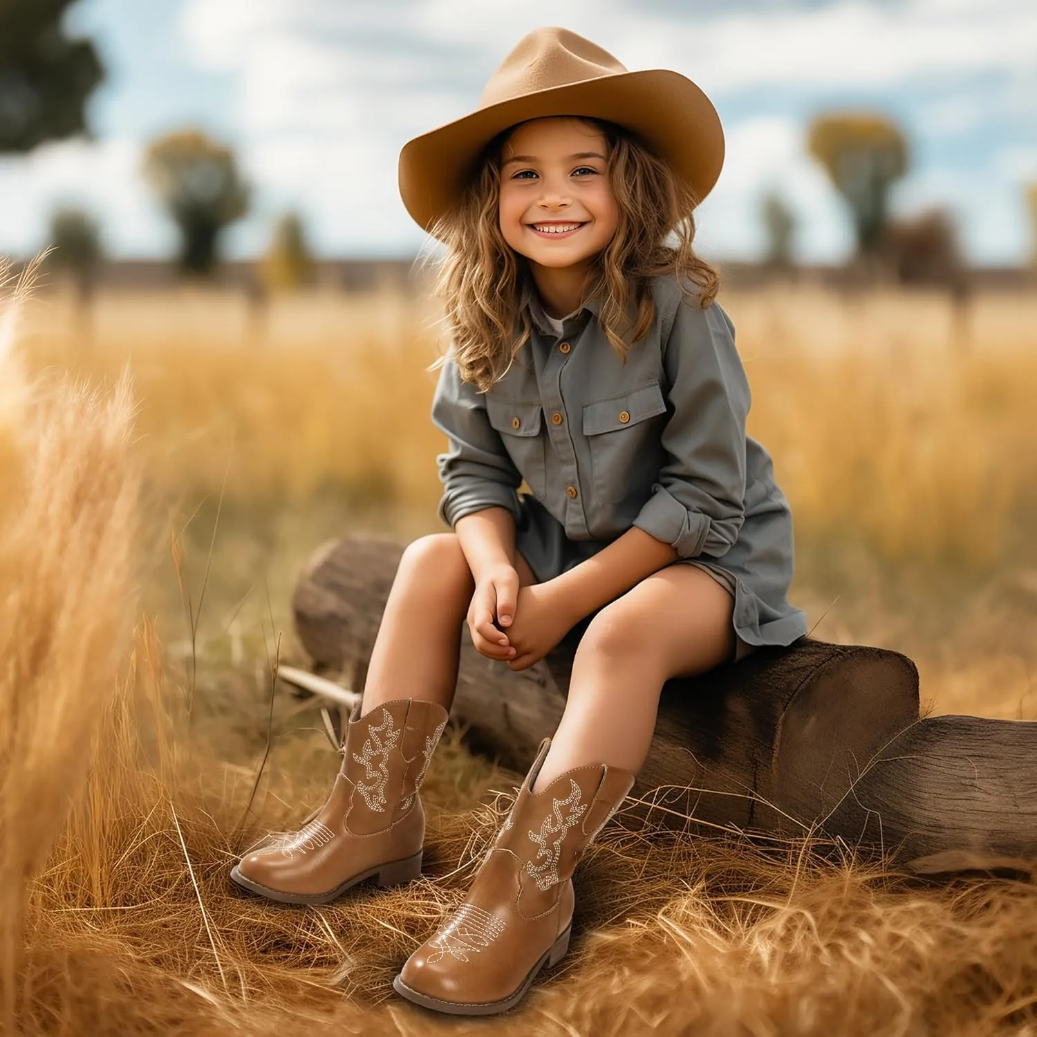 PANDANINJIA Girls Toddler Cowgirl Boots Riding Round Toe Western Blue Calf High 12 Months