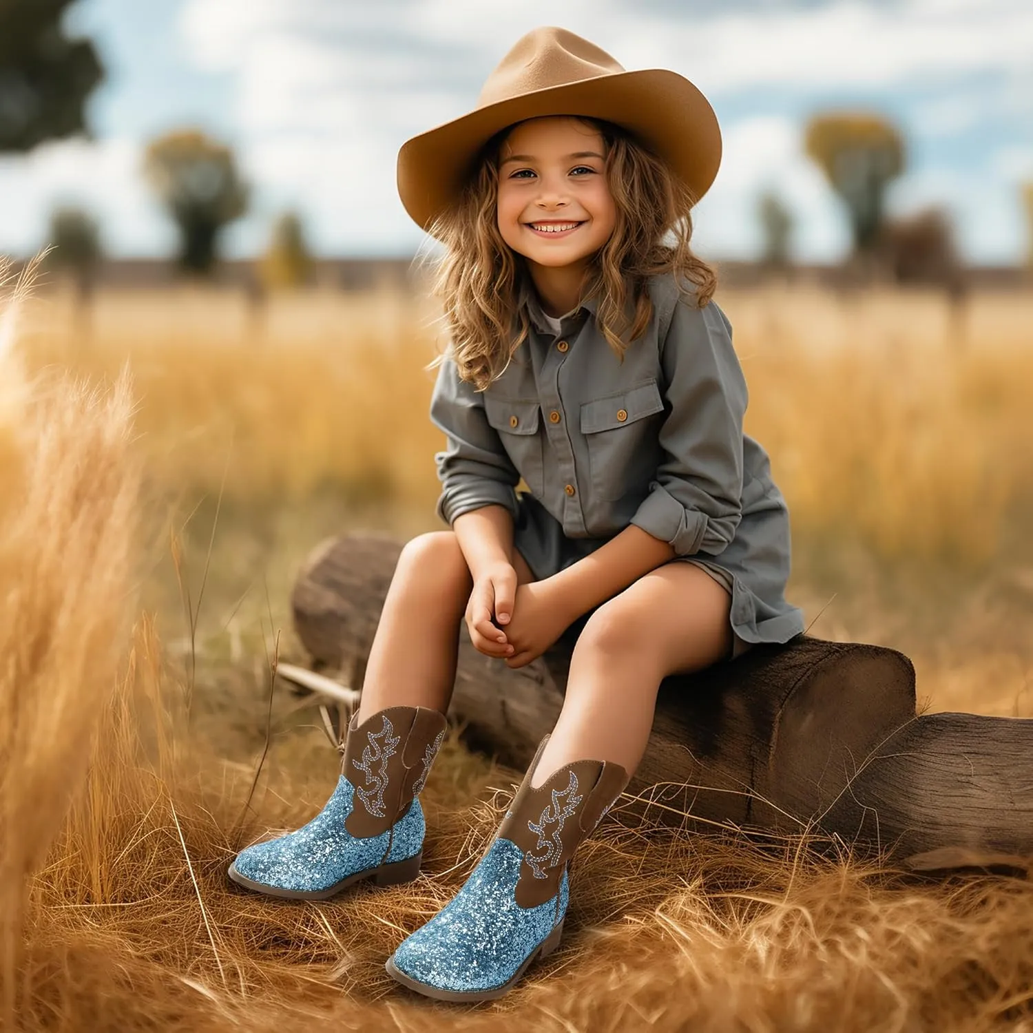 PANDANINJIA Girls Toddler Cowgirl Boots Riding Round Toe Western Blue Calf High 12 Months