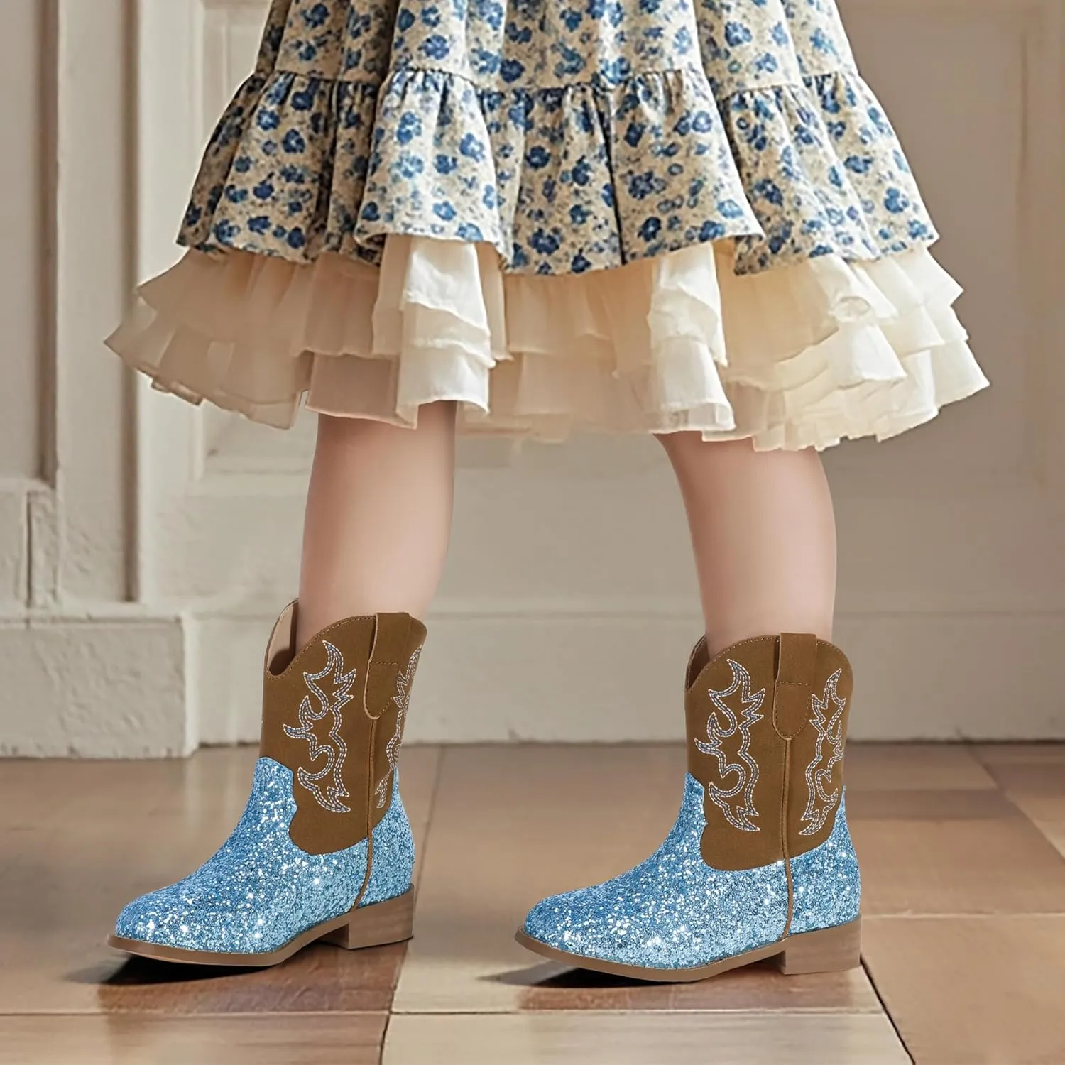 PANDANINJIA Girls Toddler Cowgirl Boots Riding Round Toe Western Blue Calf High 12 Months