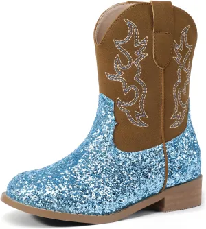 PANDANINJIA Girls Toddler Cowgirl Boots Riding Round Toe Western Blue Calf High 12 Months