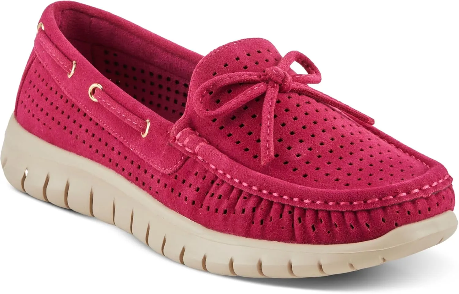 PATRIZIA Women's Aboard Moccasin Loafers – Microsuede Slip-On Shoes with Elegant Square-Dot Perforation, Bow Accent, and Cushioned Comfort Footbed
