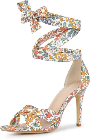 Perphy Floral Print Twist Lace Up Stiletto Heels Sandals for Women