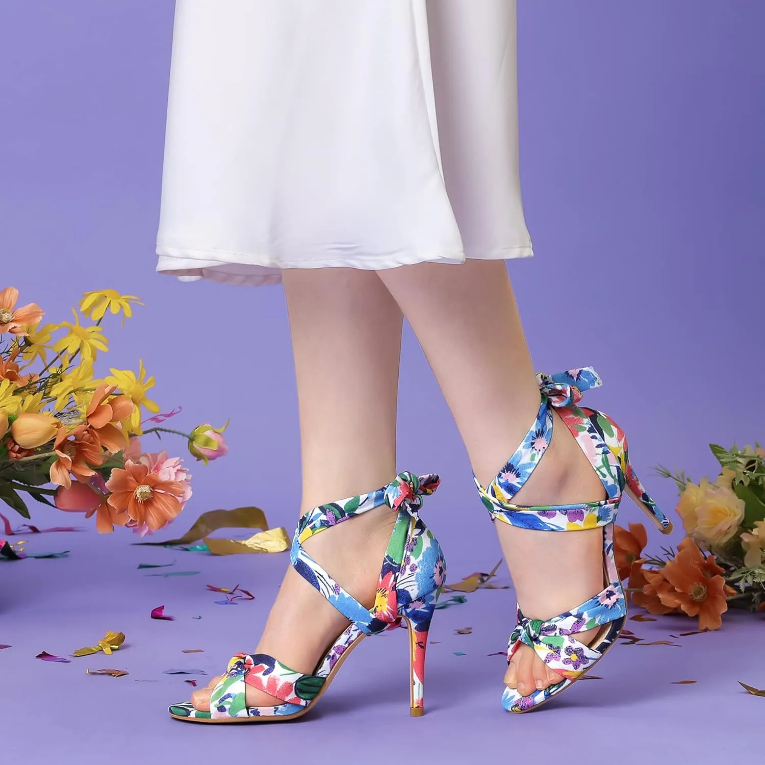Perphy Floral Print Twist Lace Up Stiletto Heels Sandals for Women