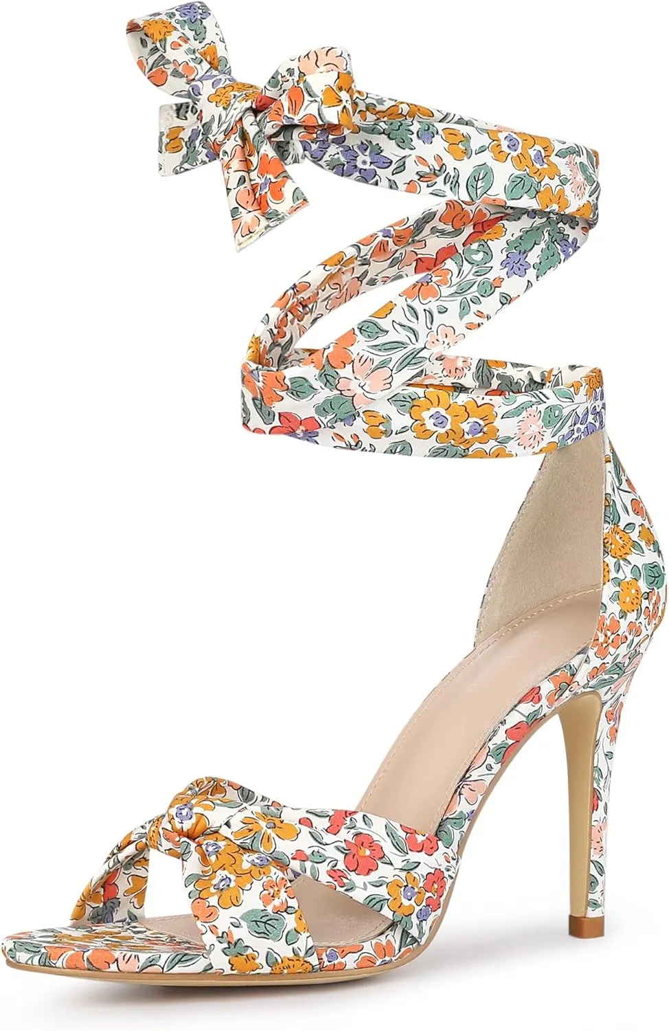 Perphy Floral Print Twist Lace Up Stiletto Heels Sandals for Women