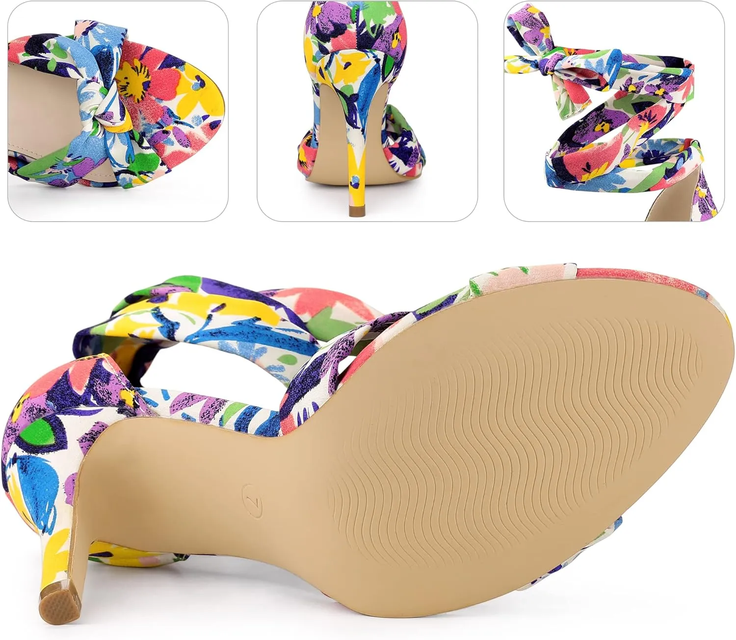Perphy Floral Print Twist Lace Up Stiletto Heels Sandals for Women
