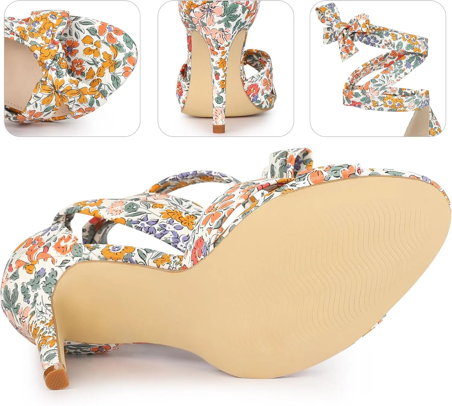 Perphy Floral Print Twist Lace Up Stiletto Heels Sandals for Women