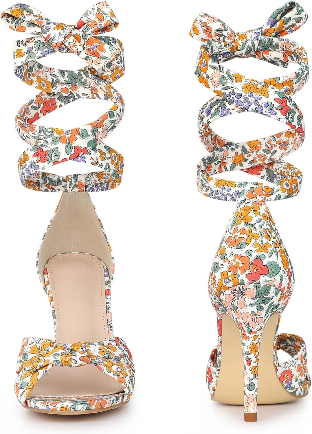 Perphy Floral Print Twist Lace Up Stiletto Heels Sandals for Women