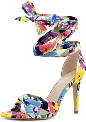 Perphy Floral Print Twist Lace Up Stiletto Heels Sandals for Women