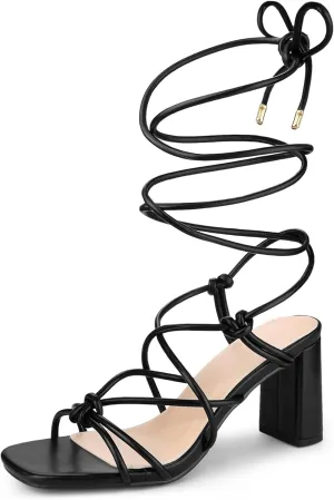 Perphy Strappy Heels Knots Square Toe Block Heel Lace Up Sandals for Women