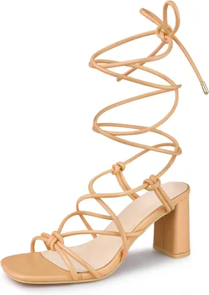 Perphy Strappy Heels Knots Square Toe Block Heel Lace Up Sandals for Women