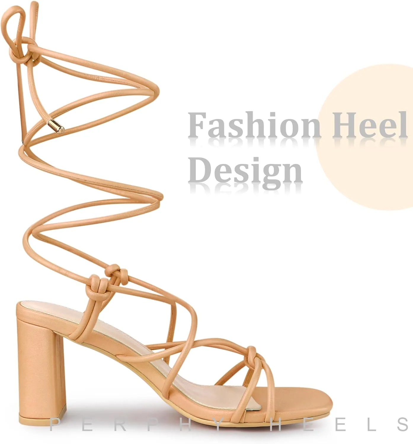 Perphy Strappy Heels Knots Square Toe Block Heel Lace Up Sandals for Women