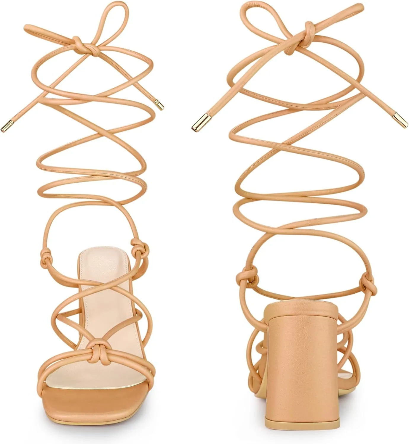 Perphy Strappy Heels Knots Square Toe Block Heel Lace Up Sandals for Women