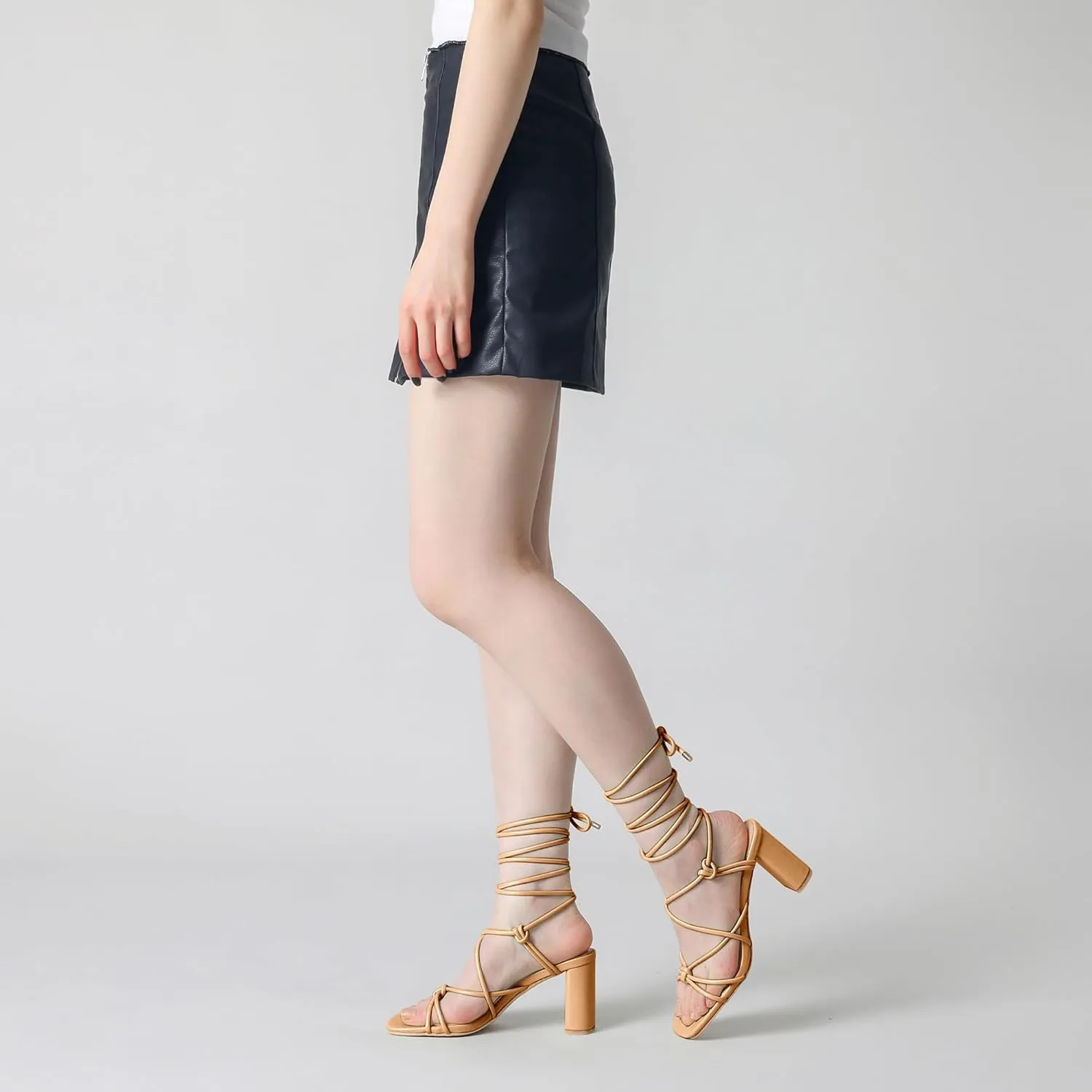 Perphy Strappy Heels Knots Square Toe Block Heel Lace Up Sandals for Women