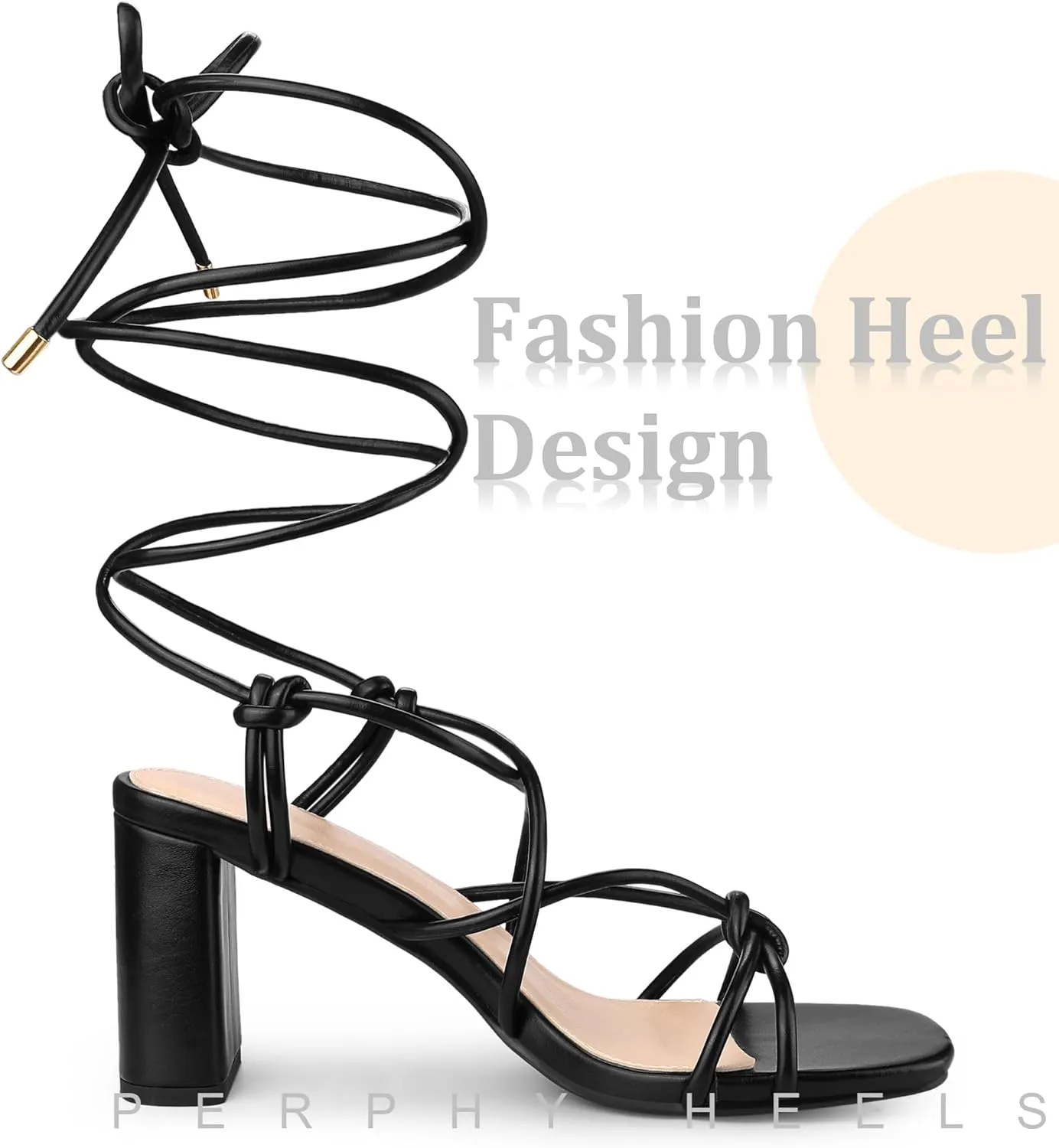 Perphy Strappy Heels Knots Square Toe Block Heel Lace Up Sandals for Women