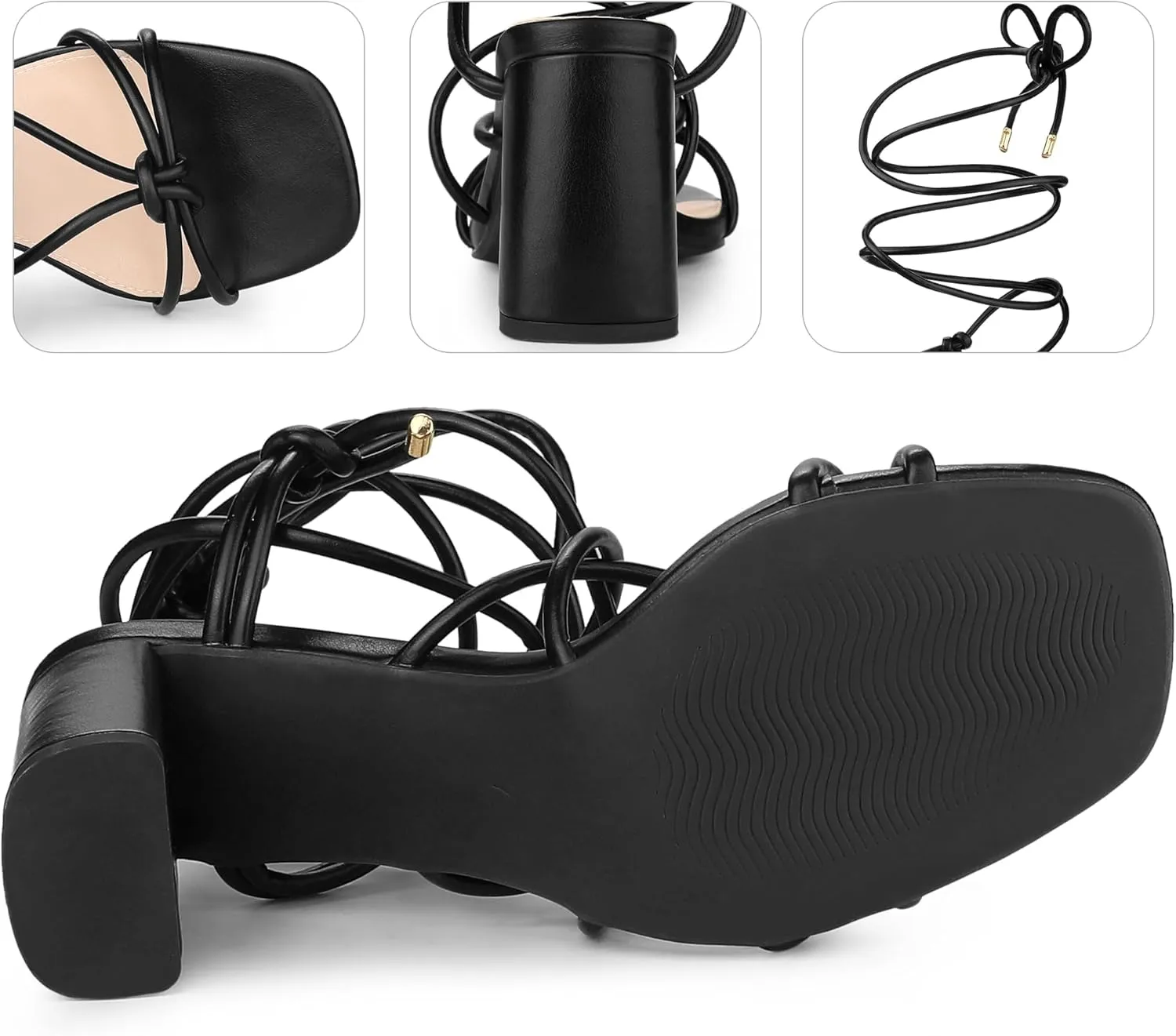 Perphy Strappy Heels Knots Square Toe Block Heel Lace Up Sandals for Women