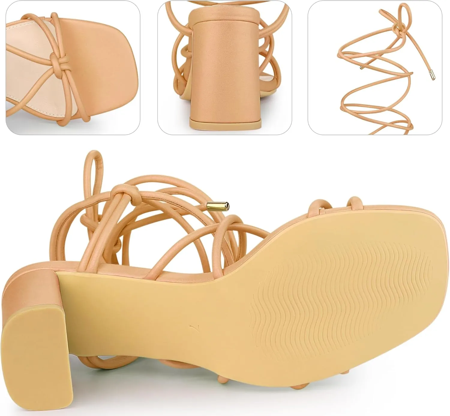 Perphy Strappy Heels Knots Square Toe Block Heel Lace Up Sandals for Women