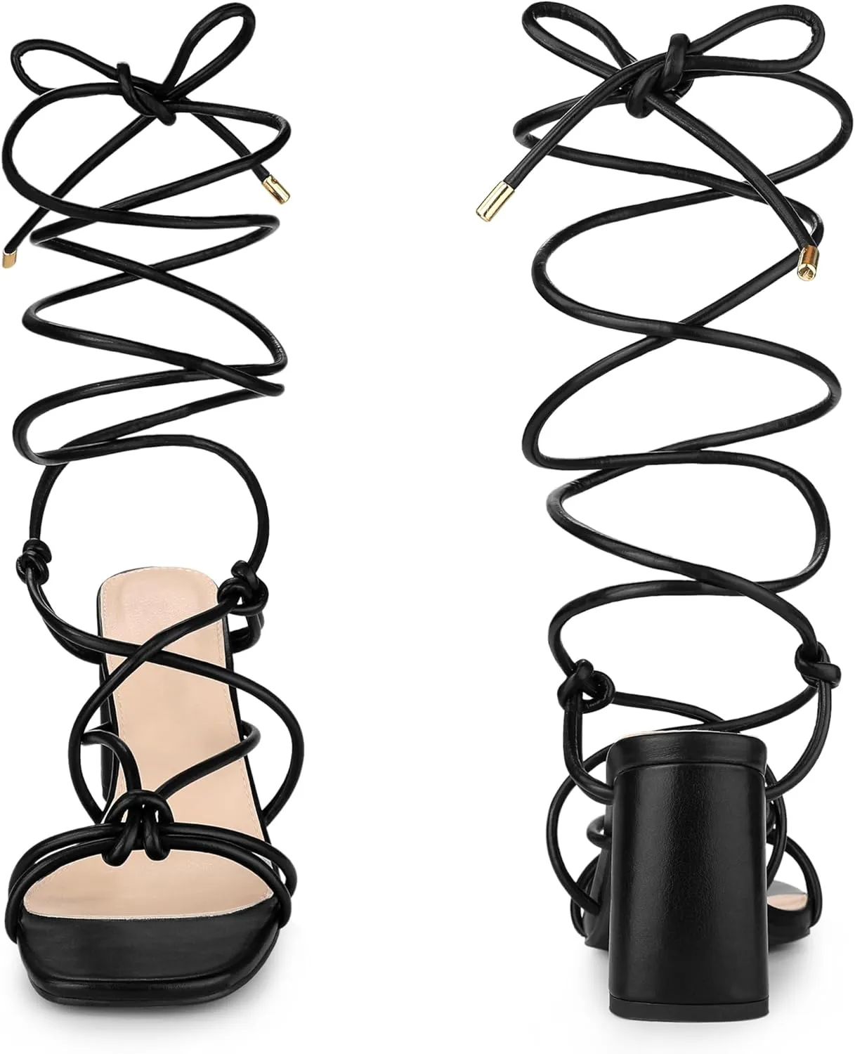 Perphy Strappy Heels Knots Square Toe Block Heel Lace Up Sandals for Women
