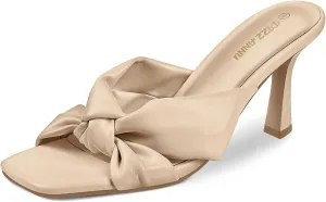 PIZZ ANNU Women's Ariana Knotted Heels Sandals Square Open Toe Heeled Sandal High Stiletto Mules Slip on Comfortable Cute Casual Dress Pumps Shoes