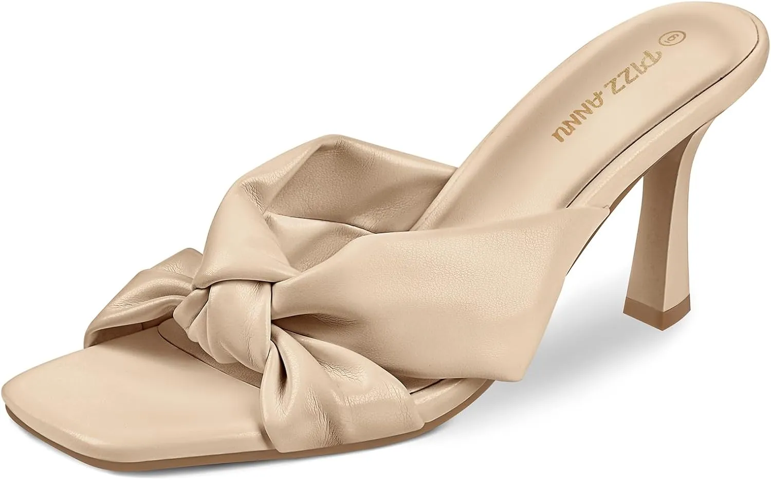 PIZZ ANNU Women's Ariana Knotted Heels Sandals Square Open Toe Heeled Sandal High Stiletto Mules Slip on Comfortable Cute Casual Dress Pumps Shoes