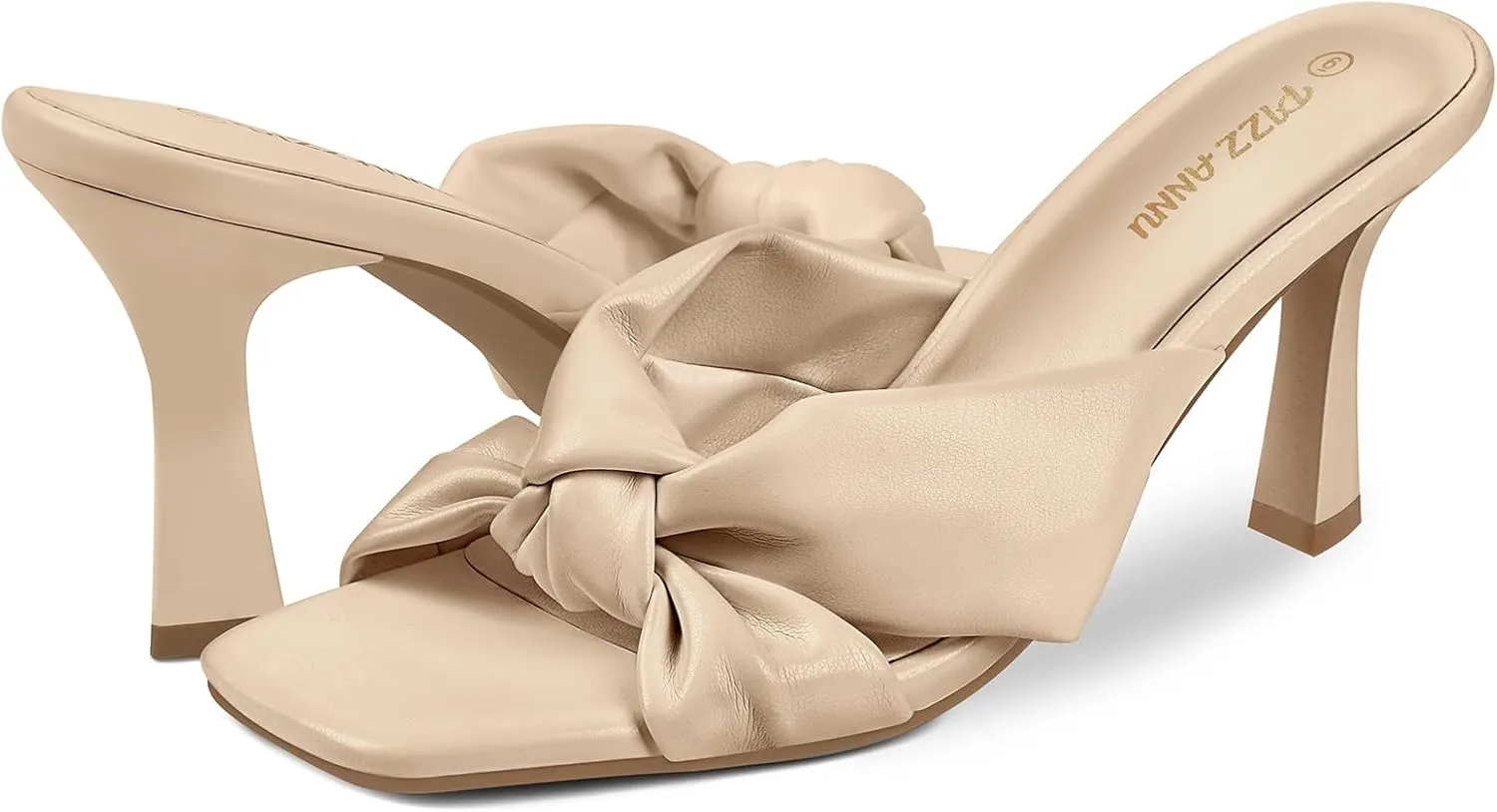PIZZ ANNU Women's Ariana Knotted Heels Sandals Square Open Toe Heeled Sandal High Stiletto Mules Slip on Comfortable Cute Casual Dress Pumps Shoes