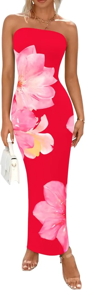 PRETTYGARDEN Women Summer Strapless Maxi Dress Bodycon Floral Sexy Long Wedding Guest Dress Formal Tube Mesh Cocktail Dresses